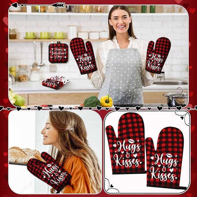 VitalCozy 10 Pcs Valentine's Day Buffalo Plaid Kitchen Decor Set Oven Mitts and Pot Holders Heart Kitchen Towels and Rugs for Chef Baking Cooking Grilling BBQ Gift