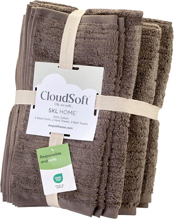 SKL Home CloudSoft 100% Cotton Luxury 6-Piece Towel Set, 600 GSM, Ultra Plush & Absorbent - 2 Bath Towels, 2 Hand Towels, 2 Washcloths, Mink Brown