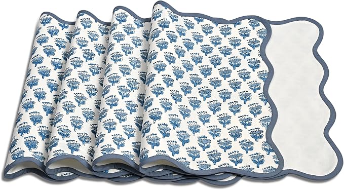 CPC Cotton Placemats Apatite Blue Set of 4-Hand Block Printed Reversible Placemats, Flower Scalloped & Embroidered Cloth Table Mats - 14 x 20 inch Gift for Spring, Mother's Day