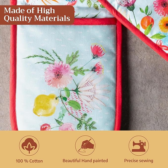 Maison d' Hermine Double Oven Mitts 100% Cotton 7"x35" Double Oven Mitt Heat Resistant BBQ Cooking Gloves with Loop Baking Grilling Gifts for Mothers Day Spring Summer (Jardin D'Ete - Mint)