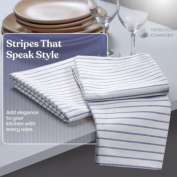 Indigo Blue Stripe Kitchen Towels, 5 Pack, 100% Cotton, Super Absorbent and Quick Dry, Classic Striped Towel Set, Durable Dish Cloths for Kitchen Use, Cleaning & Drying Dishes
