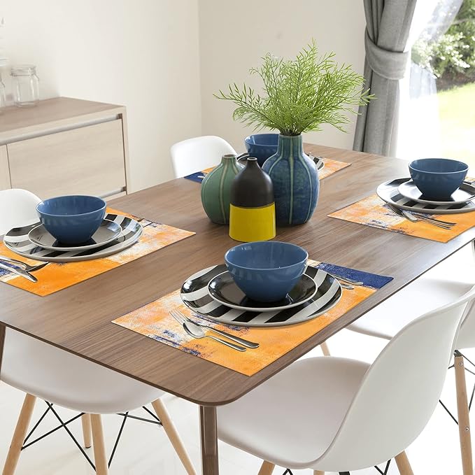 Modern Art Placemats Set of 4 Yellow Abstract Painting Place Mats Washable Linen Blue Placemat for Kitchen Dining Table Home Dinner Party Decor 18x12 Inches