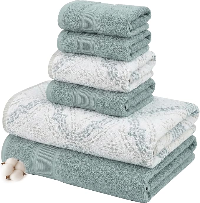 Modern Threads Capri 6-Piece Reversible Yarn Dyed Jacquard Towel Set - Bath Towels, Hand Towels, & Washcloths - Super Absorbent & Quick Dry - 100% Combed Cotton, Ivy
