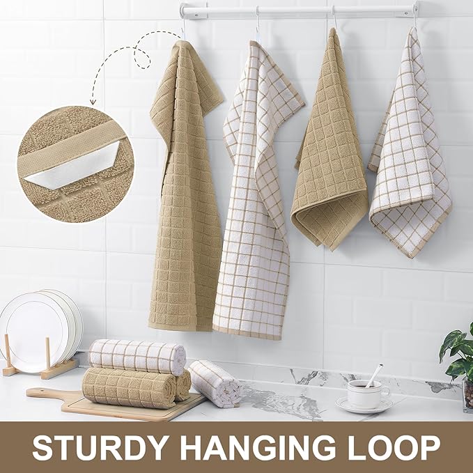 Homaxy Premium Cotton Kitchen Towels 16"x 28", Large Natural Ring Spun 390 GSM Dish Towels, Super Absorbent Terry Kitchen Hand Towels, Soft Tea Towels with Hanging Loop, Tan Check Design, 6 Pack