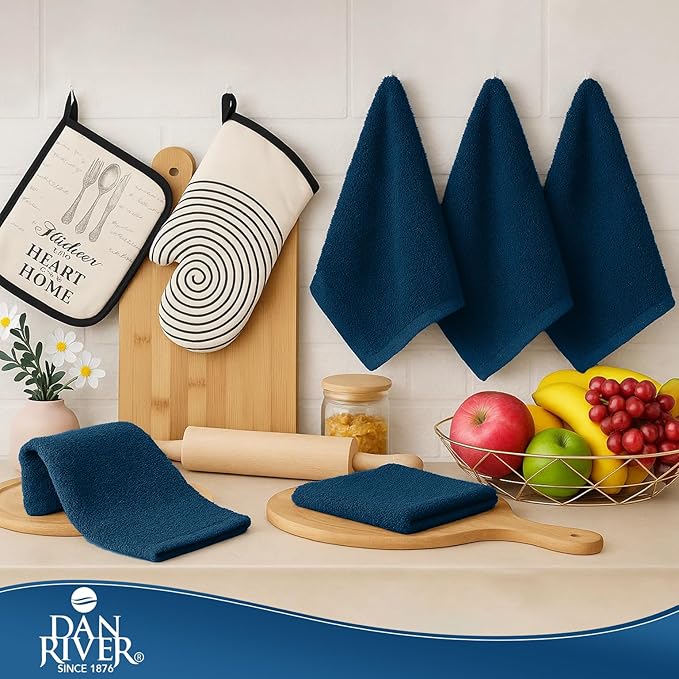 DAN RIVER Kitchen Bar Mops,Pack of 12,16 by 19 Inches,100% Cotton Super Absorbent,Multi-Purpose Cleaning Towels for Home and Kitchen Bars-Blue Opal