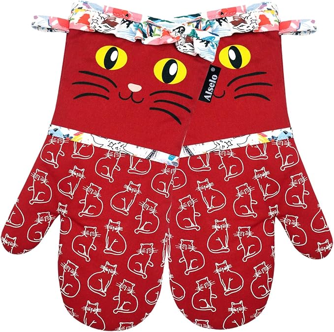 Alselo Oven Mitts, Heat Resistant with Soft Quilted Cotton Lining Set of 2, Fashion Animal Design with Silicone Printing Anti-Slip Kitchen Gloves for Safe Backing Cooking Barbecue (Red 2)