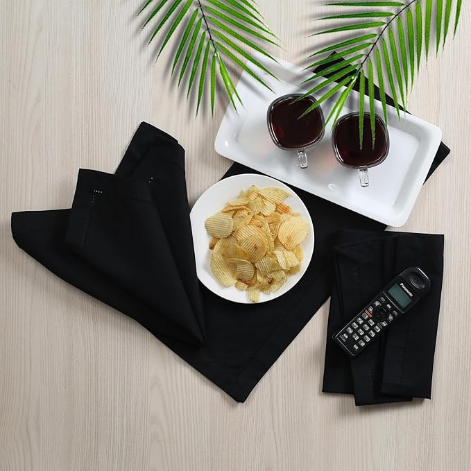 Hemstitched Cotton Napkins - Set of 12, 18x18 Inch - Black, Perfect for Christmas Dinner or Everyday Use