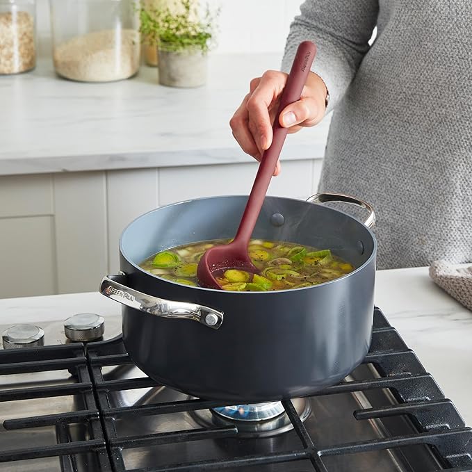 GreenPan Silicone Ladle, Soup Mixing Stirring Serving, Cooking Kitchen Utensil, Flexible Rubber Nonstick Cookware, Rigid Steel Core, Heat-Resistant, Anti-Slip Handle, BPA-Free, Dishwasher Safe, Red