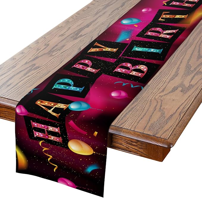 Happy Birthday Table Runner 13x72 Inch Colorful Birthday Balloon Ribbon Farmhouse Polyester Linen Table Decoration for Kitchen Dinning, Indoor Outdoor Home Dinner Party (Brilliant)