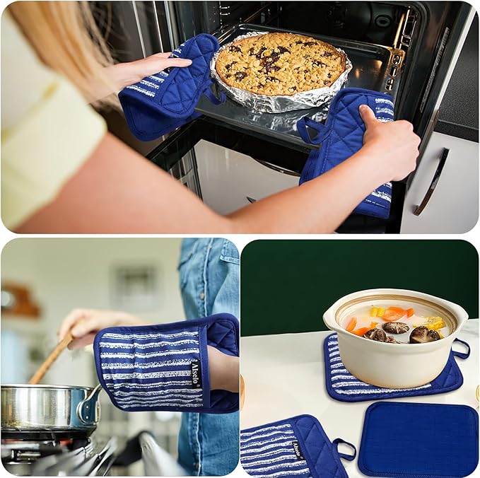Alselo Silicone Pot Holders Set of 3 Heat Resistant & Non Slip Potholders, Professional Oven Hot Pads with Pockets Mitts for Kitchen Cooking Baking Barbecue (Cobait Blue, 3)
