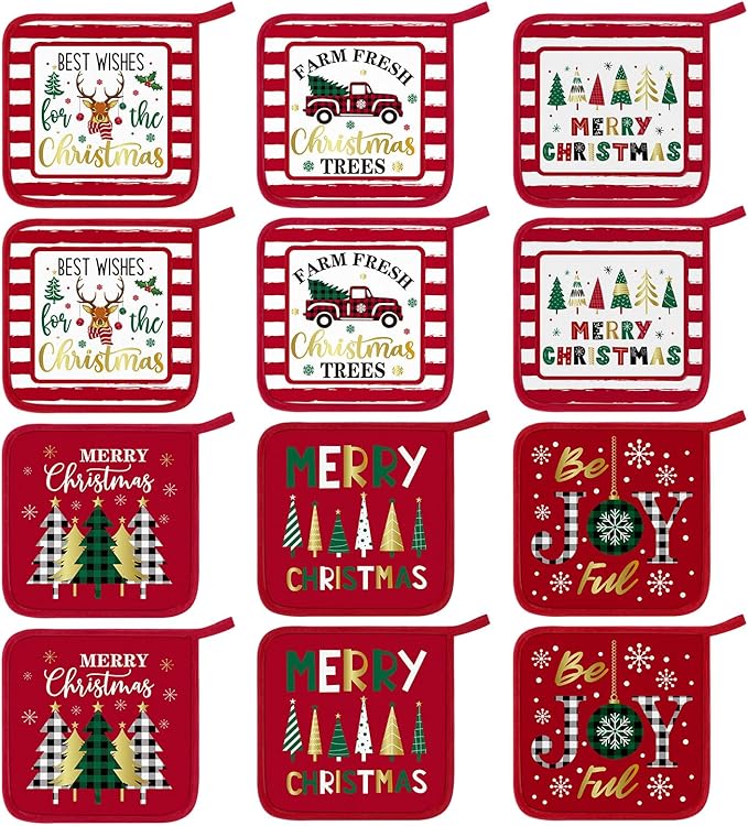 Bencailor 12 Pcs Pot Holders with Pocket Kitchen Hot Potholders Hot Pad Oven Mitts Cookie Bag Oven Gloves for Kitchen Gift Baking Cooking(Red and White,Novelty)
