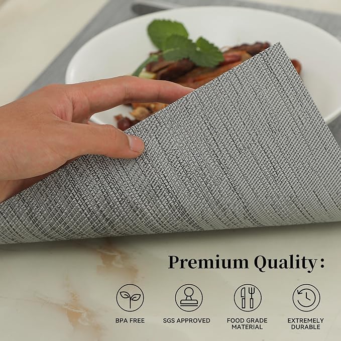Leetaltree Grey Placemats, Heat Resistant Non-Slip Place mats for Dining Table, Washable Durable PVC Vinyl Woven Table Mats (Set of 6)