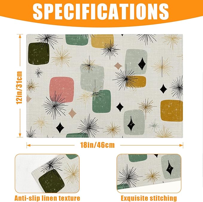 Mid Century Placemats Set of 6,12 x 18 Inch Table Mats Washable Heat Resistant Linen Fabric Rectangle Place Mat for Party Home Kitchen Dining