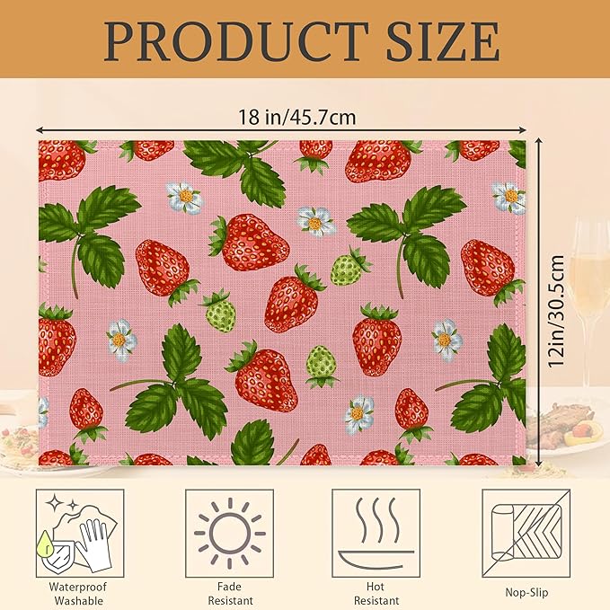 Strawberries and Leaves Placemats Set of 6 Washable Table Mats for Kitchen Dining Table,Heat-Resistant Place Mats for Indoor Outdoor Party Holiday Decoration