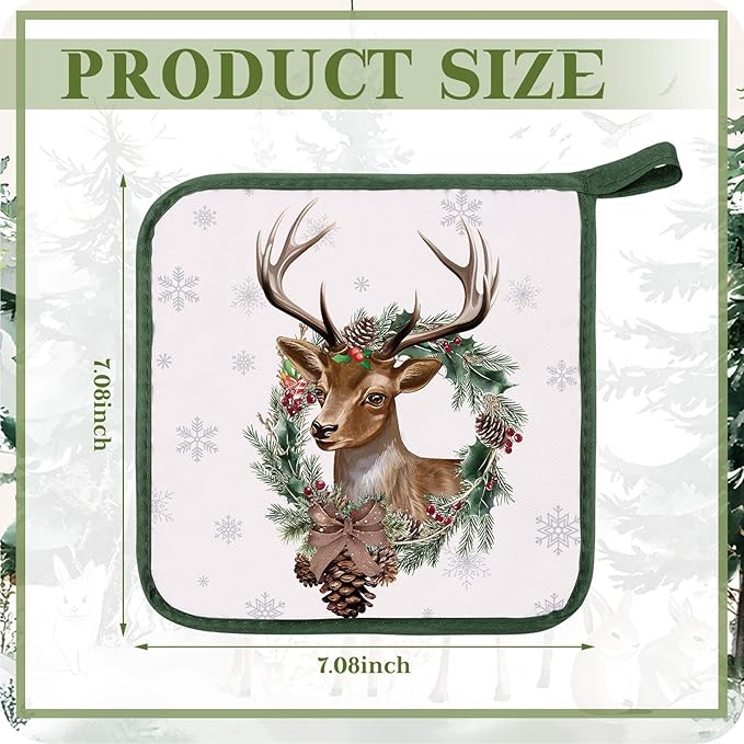 Bencailor 12 Pcs Pot Holders with Pocket Kitchen Hot Potholders Hot Pad Oven Mitts Cookie Bag Oven Gloves for Kitchen Gift Baking Cooking (Green,Reindeer)
