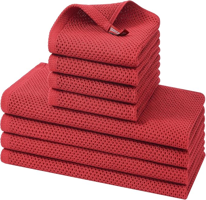 Kitinjoy 100% Cotton Kitchen Towels and Dishcloths Set, 8 Pack-13" x 28" and 12" x 12" Waffle Weave Dish Towels, Ultra Soft Absorbent Quick Drying Dish Rags, Red