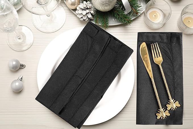Cloth Dinner Napkin Set of 4 20x20 Inches - Black, Decorative Hemstitched Spring Premium Polyester Cloth Dinning Napkins Ideal for Kitchen, Wedding, Easter | Washable BBQ Parties Napkin for Daily Use