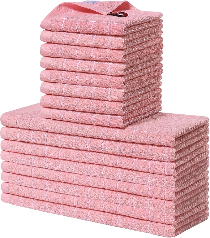 Homaxy Kitchen Towels and Dishcloths Set, 12 x 12 and 13 x 28 Inches, Set of 16 Bulk Cotton Terry Kitchen Towels Set, Checkered Designed, Soft and Super Absorbent Dish Cloths, Pink