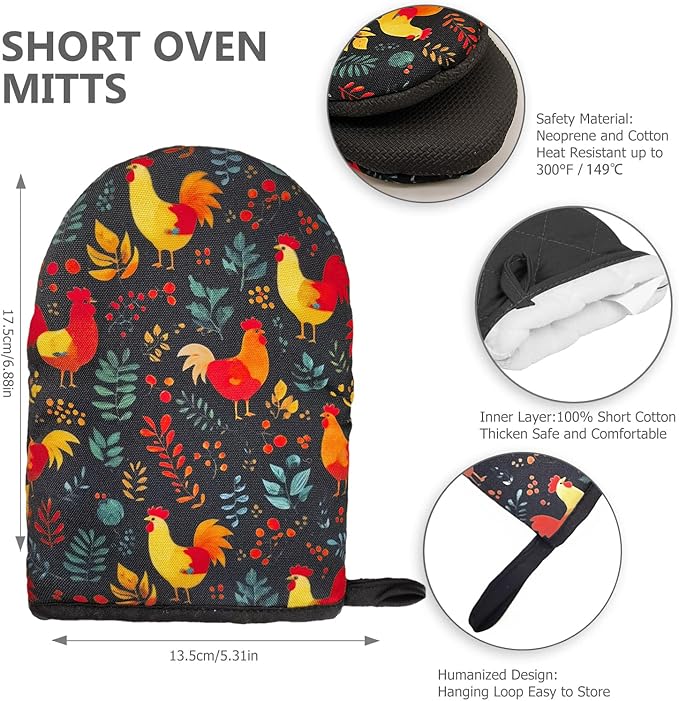Rooster Oven Mitts, High Heat Resistant Kitchen Oven Gloves, Mini Silicone Oven Mitts, Non-Slip Grip Surfaces and Hanging Loop for Grilling, Baking, Cooking and Microwave, Gift