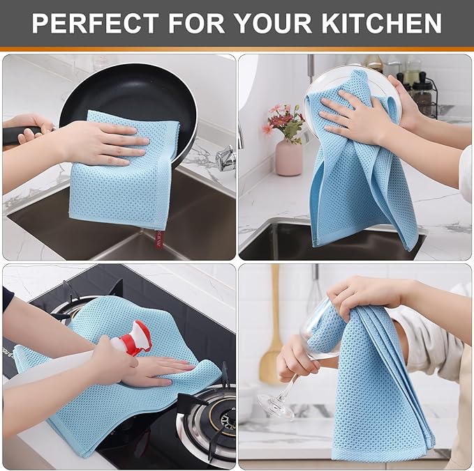 Kitinjoy 100% Cotton Waffle Weave Kitchen Hand Towels (13 X 28 Inches, Sky Blue), 4-Pack Super Soft and Absorbent Dish Towel for Drying Dishes