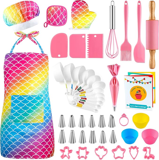 GIFTINBOX Kids Cooking and Baking Set, 54 PCS Complete Kit with Apron and Chef Hat, Real Cooking Utensils and Kitchen Accessories for Junior Chef, Ultimate Baking Gift for Girls Boys