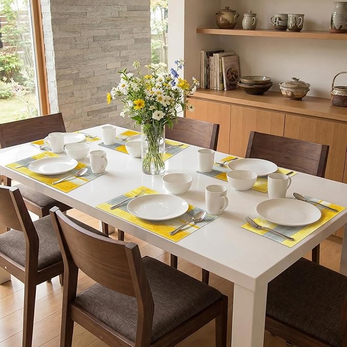 Emvency Farmhouse Placemats Set of 6,12x18 Inch Linen Rectangular Place Abstract Modern Geometric Yellow Grey Table Mats for Indoors & Outdoor Home Party Kitchen Dining Decoration