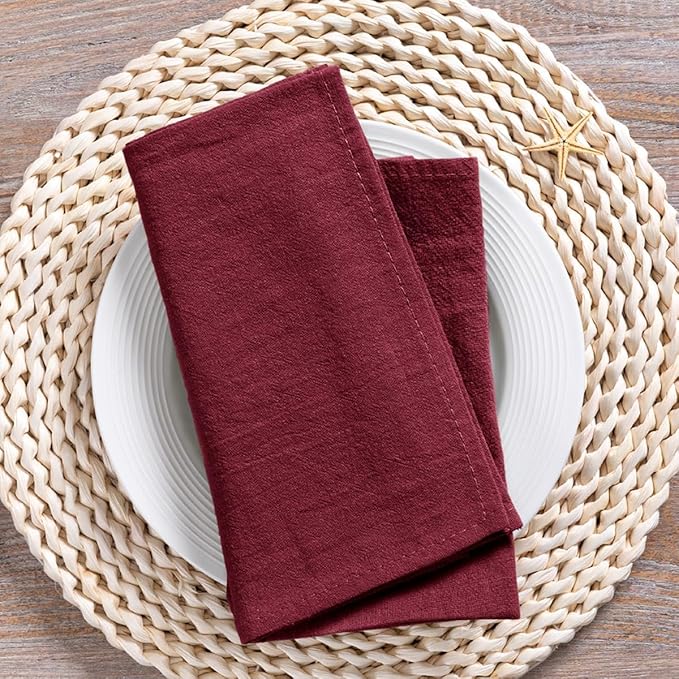 MLMC 8 Pack Burgundy Cloth Napkins Rustic Washable Cotton Linen Napkins Set of 8 17"x17" Reusable Wine Red Dinner Napkins Cloth for Wedding Bridal Baby Shower Table Decor