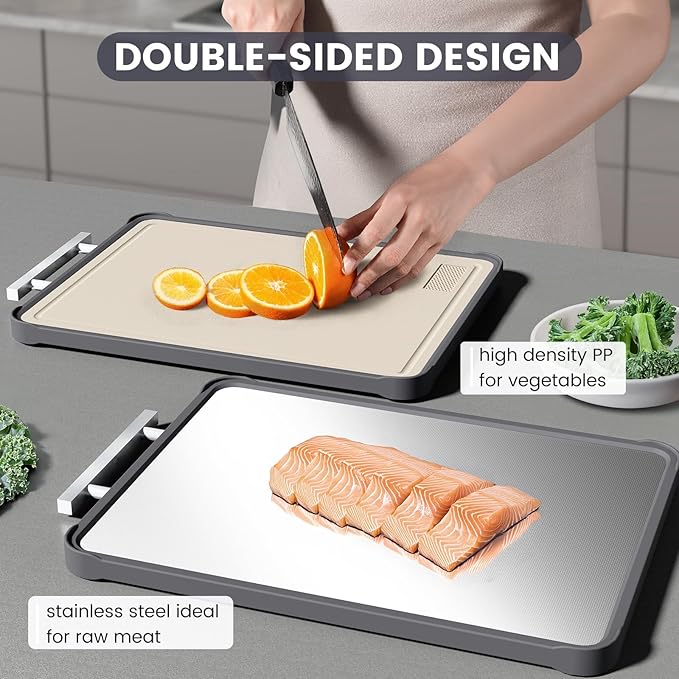 Kikcoin 17"×11" 304 Stainless Steel Cutting Boards for Kitchen, Food Grade BPA-Free Double Sided Cutting Board, Extra Large Non-Toxic Chopping Board for Meat, Vegetables, Cheese & Charcuterie, Beige