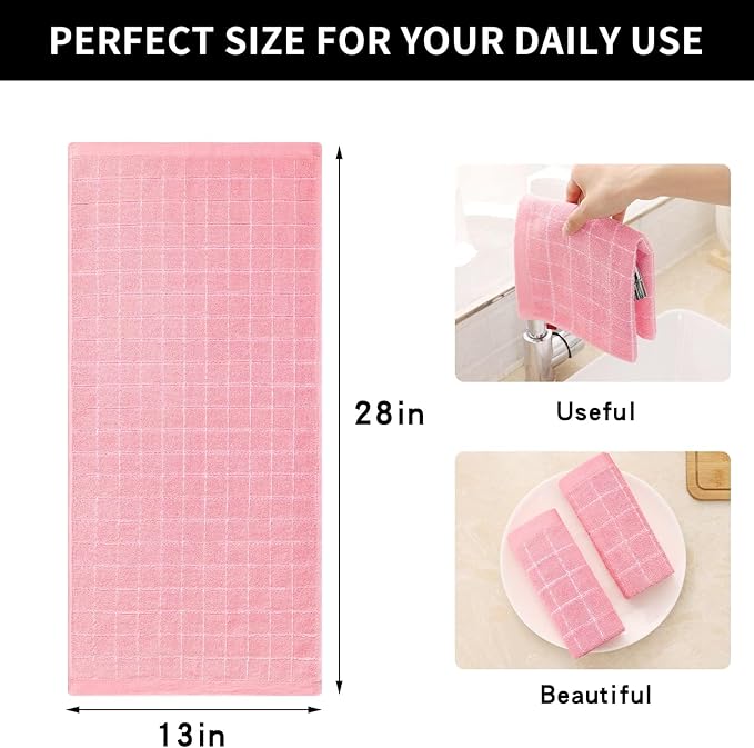 Homaxy 100% Cotton Terry Kitchen Towels(Pink, 13 x 28 inches), Checkered Designed, Soft and Super Absorbent Dish Towels, 24 Pack