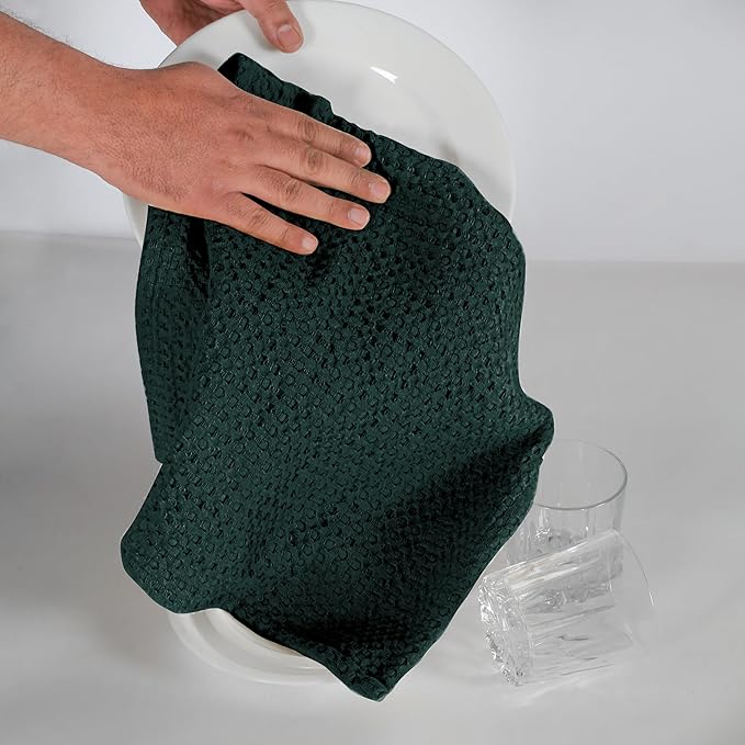 Native Fab 100% Cotton Premium Waffle Kitchen Towels, 4 Pack, 16" x 26", Super Absorbent Reusable Cleaning Cloths, Tea Towels, Machine Washable Hand Towels, Olive Green