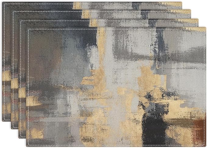 Emvency Farmhouse Placemats Set of 4, Vintage Gold and Brown Art Painting 12x18 Inch Abstract Grey Table Mats for Outdoor Home Party Kitchen Dining Decoration