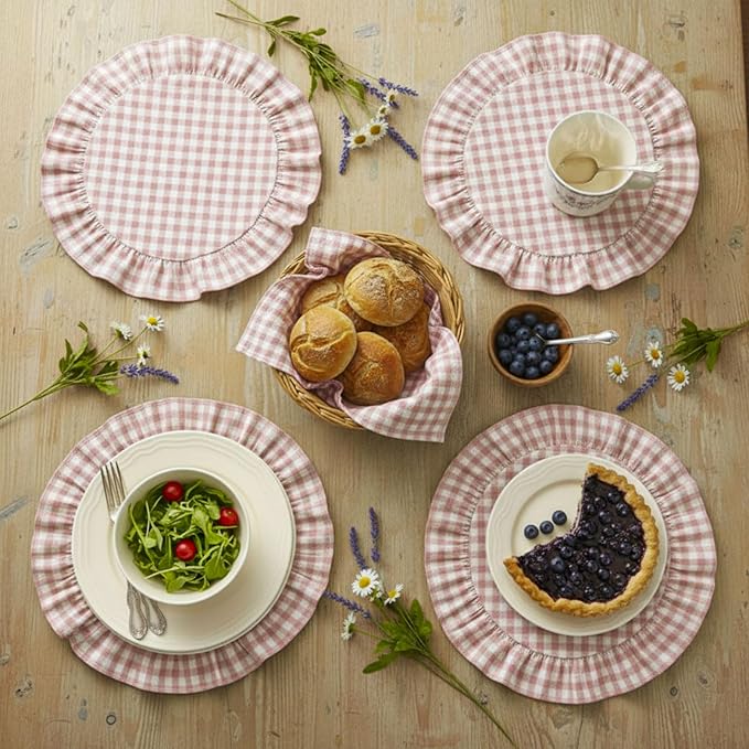 4 Pcs 15 Inch 100% Cotton Scalloped Round Placemats, Thin Light Pink Gingham Place Mats with Ruffle, Washable Placemats Table Mats for Kitchen Dining Holiday Gatherings Decor