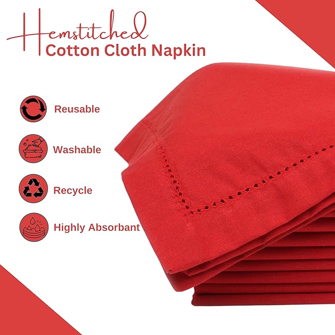 Lightnpro Christmas Red Cotton Napkins Set of 12, Beautiful Handmade Hemstitched Dinner Cloth Napkins, Washable and Reusable for Dining, Parties, Weddings, Holiday & Everyday Use - 18x18 Inch Red