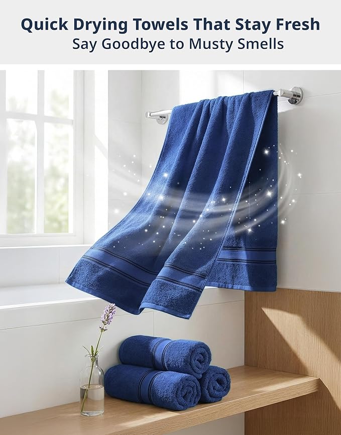 LANE LINEN 100% Cotton 4 Pack Bath Towels (28"x54") - Zero Twist, Mercerized Cotton Towels Set for Bathroom - Quick Dry, Soft & Absorbent Large Bath Towel Set - Dorm Essentials for Boys - Navy Blue