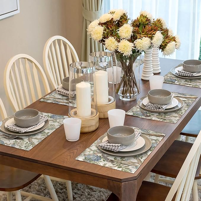Blue Green Chinoiserie Placemats Set of 4 Spring Vintage Bird Flower Decor Place Mats 12x18 Inch Floral Seasonal Decorative Linen Table Mats for Home Kitchen Dining Party Table Decoration