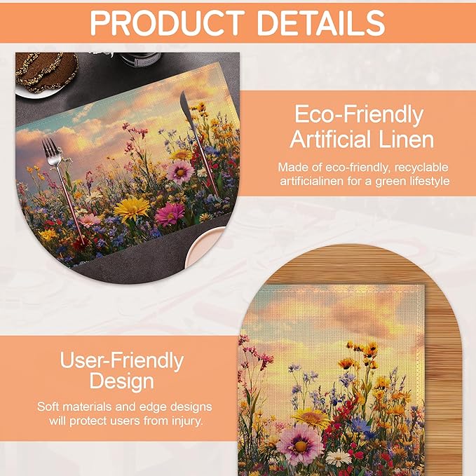 Garden Wlidflowers Placemat Set of 6,Plants Heat Resistant Linen Table Mats for Indoor Outdoor Home Kitchen Dining Room Table 12x18Inch