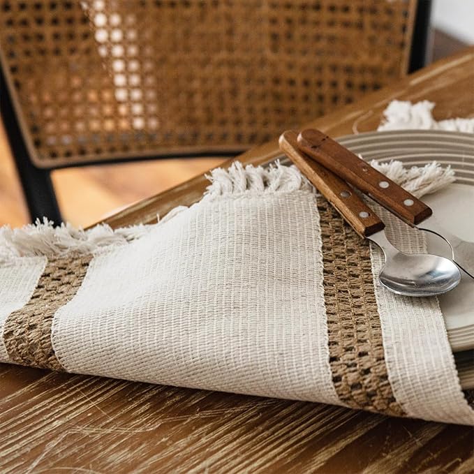 Niviy Boho Placemats Set of 4, 12x18 Inch Natural Cotton Burlap and Kitchen Woven Thanksgiving Placemats with Tassels for Dining Table Centerpiece Home Decorations