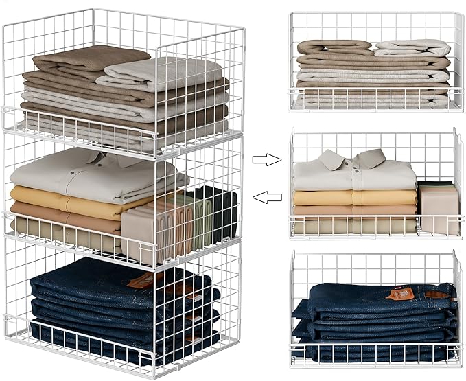 Yociyoga Closet Organizers and Storage Basket- 3-Tier Stackable Storage Bins, Foldable Closet Shelf Organizer Basket, Stackable Clothes Organizers Shelves for Home Organizer System