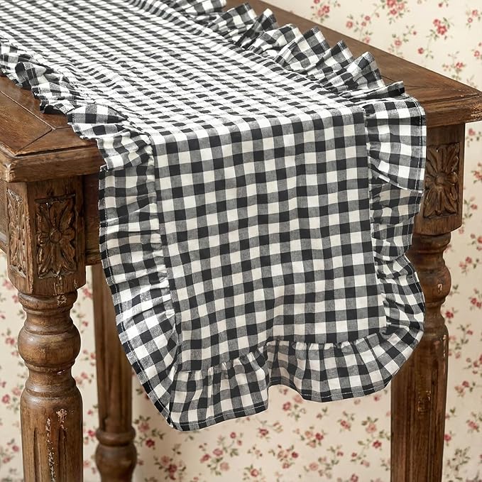 HunnmingRe 1 Pcs White and Black Plaid Gingham Ruffle Table Runner 72 x 13.8'' Farmhouse Buffalo Table Runner 100% Cotton Scalloped Long Dresser Scarves for Dining Room, Kitchen Rustic Home Decor