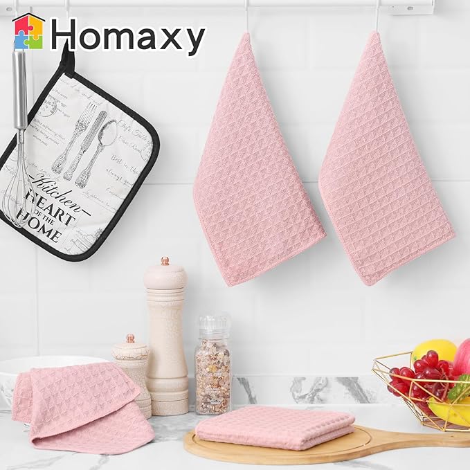 Homaxy Microfiber Waffle Weave Kitchen Towels Set, 16 x 28 Inch and 12 x 12 Inch Ultra Absorbent and Solid Color Dish Towels, 12 Pack, Pink