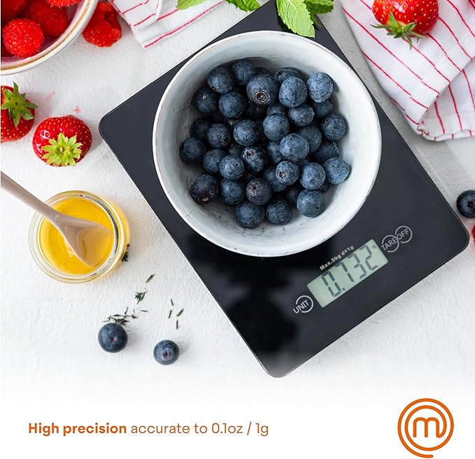 MasterChef Digital Food Scale Grams and Ounces for Kitchen, Portable Food Weight Scale with LCD Display for Baking & Cooking, Tempered Glass Scales, Weighing Precision of 0.1oz, 11lb Weight Capacity