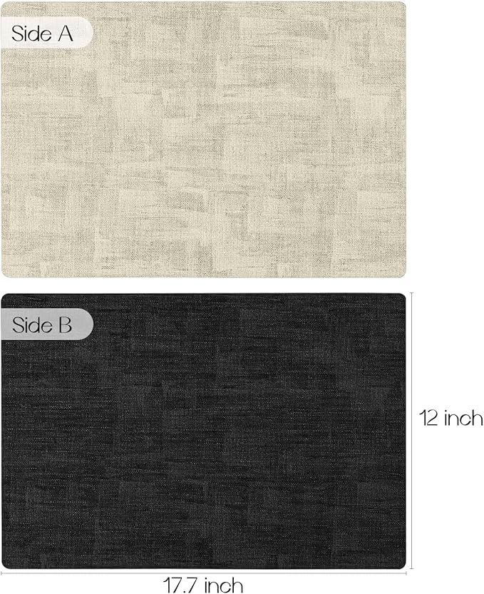 Romanstile Vinyl Placemats Set of 6-12x17 Inch, Reversible Waterproof Washable Non Slip Table Mats, Faux Leather Heat Resistant Wipeable Table Placemats for Dining/Party/Indoor/Outdoor, Black-Beige