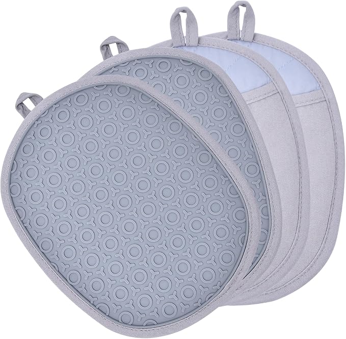 4-Pack Silicone Pot Holders for Kitchen Heat, Non-Slip Hot Pads with Hanging Loops, Quilted Liner Oven Mitts Alternative, Waterproof Trivets for Countertops Hot Pots and Pans (Gray)