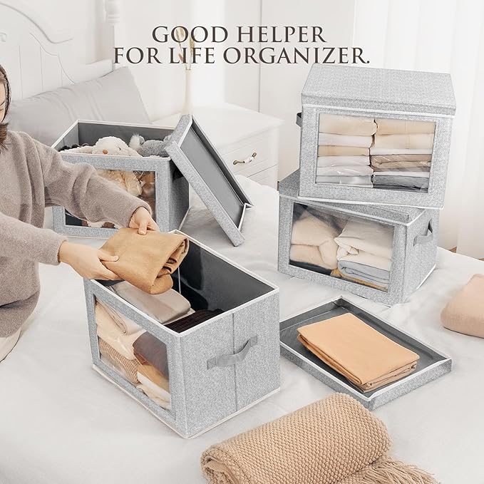Homsorout Storage Bins with Lids, 3 Pack Large Storage Cubes with Window, Closet Bins with Lids & Handles, Fabric Box for Organizing Clothes, Towels, Books, Blended
