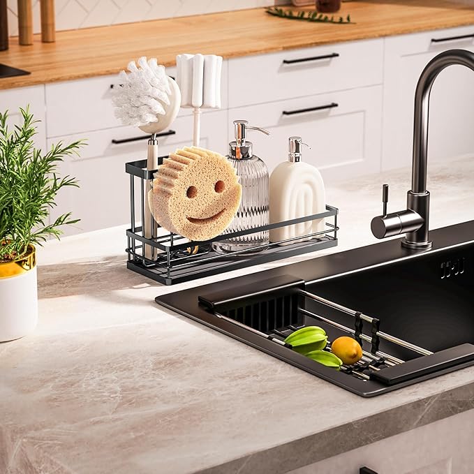 Galasily Sink Caddy Organizer with Water Absorbing Stone Tray, Instant Dry Sponge Holder Smiley Face, Dish Brush Holder for Countertop, Kitchen Storage Accessories and Organization Essentials (Black)