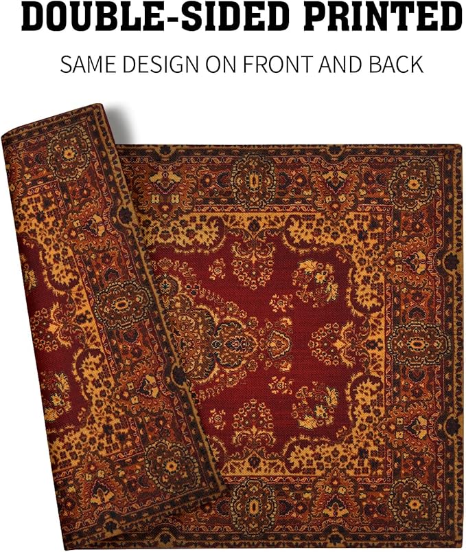 aportt Red Gold Boho Placemats Set of 4 Bohemian Vintage Retro Rug Carpet Linen Washable Kitchen Dining Table Mats Stain Heat-Resistant Desktop Decor Place Mats for Home Party Indoor 12x18 in