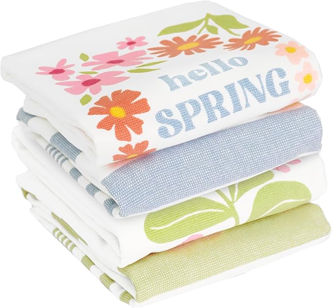 Ritz 100% Cotton Kitchen Towels, Hello Spring Floral – 16"x26" – Absorbent Dish Towels for Drying & Cleaning – Soft & Durable (Set of 4)