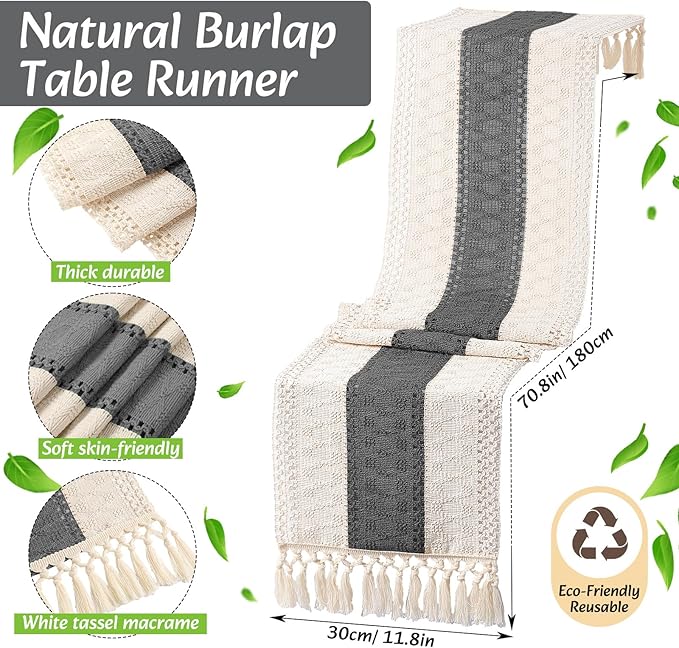Boho Placemats 4/6/8 Set of Round Woven Placemat Macrame Style Bicolor Stitching Long Table Runner Farmhouse Rustic Natural Burlap Cotton for Kitchen Dining Table (6 Sets,Gray,12x72)