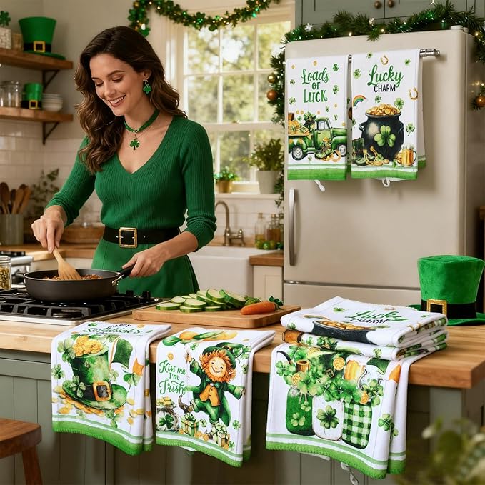 Breling Set of 6 St. Patrick's Day Kitchen Towels Shamrock Green Dish Towel Bathroom Decorative Cloths for Irish Decoration Kitchen Bathroom Home Cooking Housewarming Gifts, 14 x 21 Inch