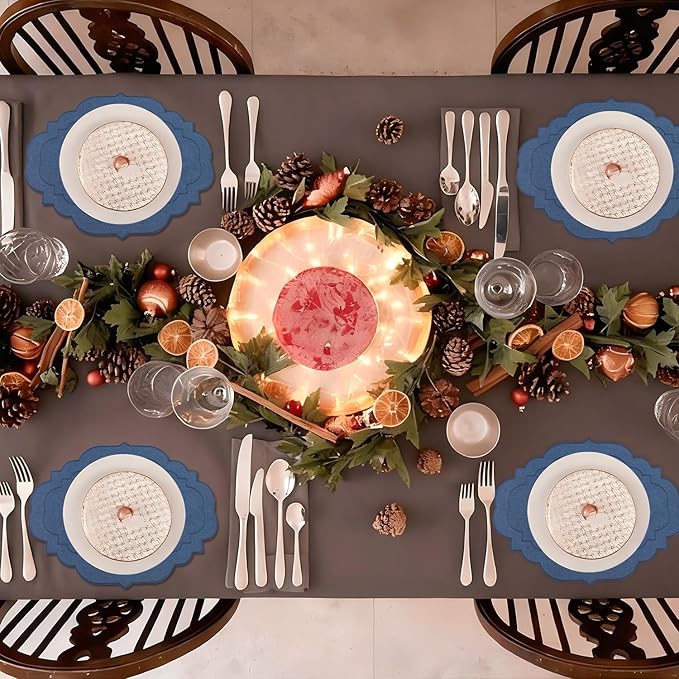 Cotton Linen Oval Placemats Set of 4, HADEEONG Table Mats Cloth Placemats, Washable Wrinkle Resistance, Scalloped & Embroidered Fabric Placemats, 17.71 x 13.77 inch (Navy Blue, 4)